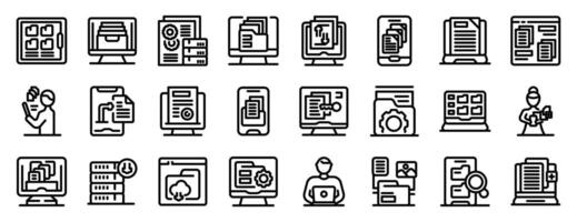 Electronic document management icons set. Document management system icons showing managing and organizing files and data vector