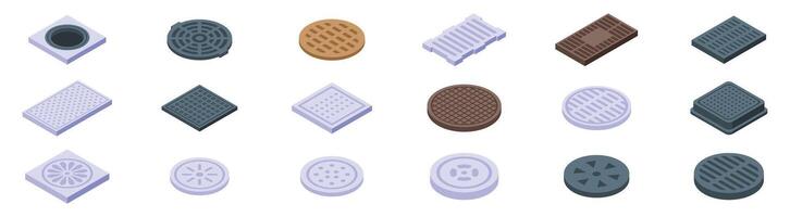 Drain manhole icons set. Collection of various manhole covers showing different shapes and materials vector