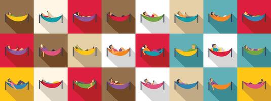 Man relax hammock icons set. People relaxing in hammocks, enjoying leisure time on colorful backgrounds vector