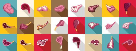 Lamb chop icons set. Grilled lamb meat cuts icons set showing various cuts and preparations vector