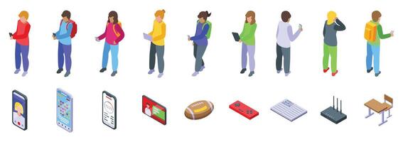 Kids mobile phone icons set. Students using smartphones, laptops and tablets, digital device icons and school supplies vector