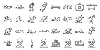 Fainting icons set. People lying down, calling for help, and receiving medical attention, icons depicting various emergency situations vector