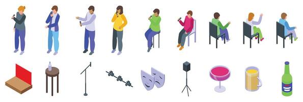 Standup comedy show icons set. Stand up comedians performing, audience listening, isometric icons set vector
