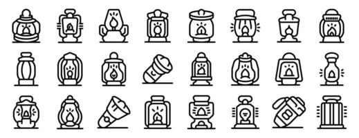 Camp lantern icons set. Kerosene lamps providing light in darkness, various styles of oil lamps icons vector