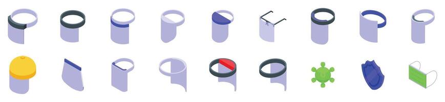 Plastic face shield icons set. Different types of face shields providing protection from coronavirus and other infections vector