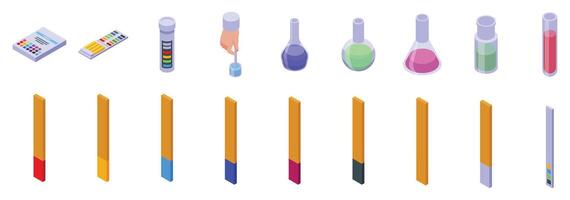 Test paper strips icons set. Scientist measuring ph with litmus paper and flasks in laboratory experiment vector