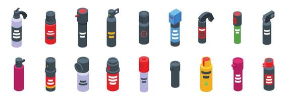 Pepper spray icons set. Pepper sprays protecting from attackers, isometric collection of self defense tools vector