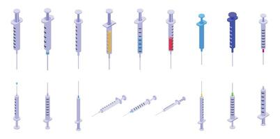 Plastic syringe icons set. Collection of syringes showing various angles and fill levels in isometric view vector