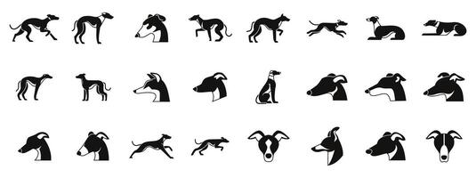 Greyhound icons set. Greyhound dog, different poses and attitudes in black and white silhouettes vector