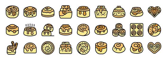 Cinnamon roll icons showing swirling pastries with drizzled icing and stacked buns vector