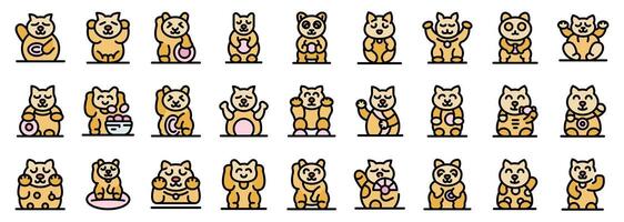 Maneki neko cat bringing wealth and good fortune icons set outline style vector