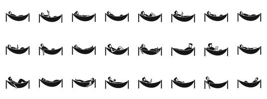 Man relax hammock icons set. People relaxing in hammocks, enjoying leisure time outdoors vector