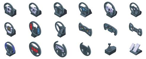 Game controller steering wheel icons set. Racing wheels and gaming controllers providing immersive driving experience vector