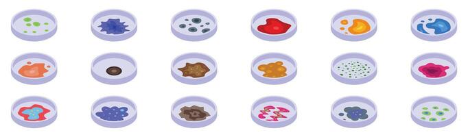 Mold fungus colonies icons set. Petri dishes with various bacteria growing in different colors and textures vector