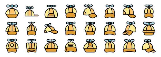 Set of cap with propeller icons showing different perspectives and styles vector