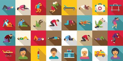 Fainting icons set. People suffering from various medical conditions and needing first aid assistance vector