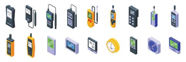 Thermohygrometer icons set. Digital hygrometers measuring humidity and temperature levels vector