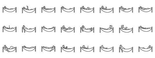 Man relax hammock icons set. People relaxing in hammocks, enjoying leisure time in various poses vector