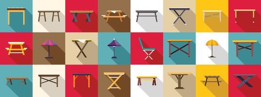 Wooden table picnic icons set. Various camping and picnic tables and chairs with umbrellas, flat design icon set vector