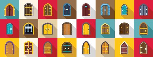Castle gate icons set. Collection of medieval gate icons showing various designs and materials vector