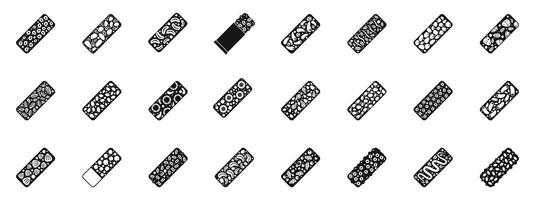 Muesli bar icons set. Cereal bars with nuts, seeds, and dried fruits representing healthy snacks and breakfast options vector
