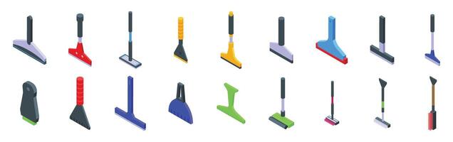 Scraper cleaning car icons set. Cleaning equipment icons showing squeegees, scrapers, and brushes for various cleaning tasks vector