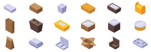 Paper lunchbox icons set. Set of food delivery packaging in isometric view, showing various containers for takeout meals vector