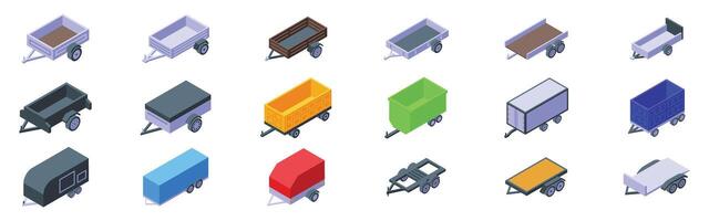 Car trailer open icons set. Trailer icons showing different types of trailers for cars vector
