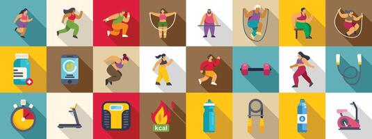 Fat burning workout icons set. Overweight people exercising and following a fitness routine vector