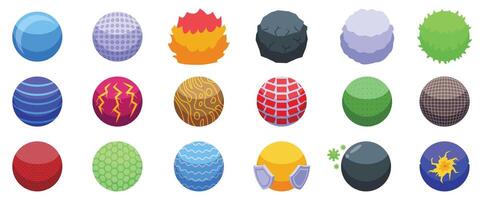 Force field icons set. Fantastic planets set representing diverse celestial bodies orbiting in space vector