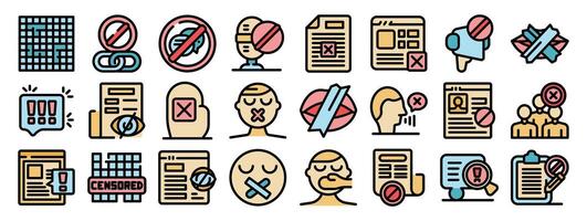 Set of censorship icons depicting various forms of speech restriction, information control, and suppression of dissent vector