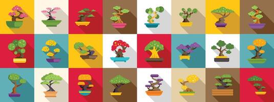 Bonsai tree icons set. Bonsai tree collection growing in colorful pots vector