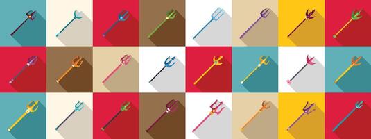 Trident staffs icons set. Set of colorful trident icons representing power and authority vector
