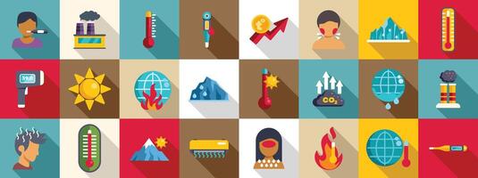 Raised temperature icons set. Global warming and climate change impacting earth and human health vector