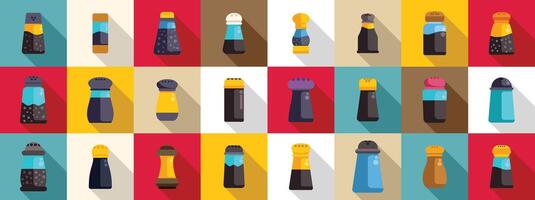 Pepper shaker icons set. Salt and pepper shakers adding flavor to culinary experiences vector