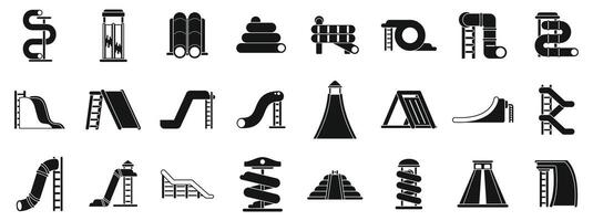 Water slide icons set. Kids playground equipment featuring various slides, tunnels and climbing structures for outdoor fun vector