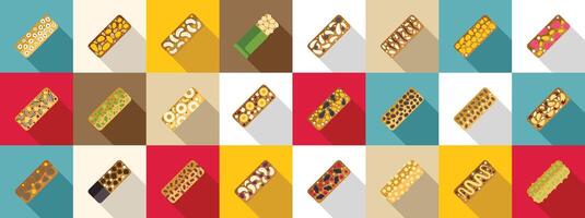 Muesli bar icons set. Various muesli protein bars showing different nuts and fruits on colorful background vector