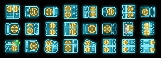 Set of neon baseball tickets glowing on black background vector