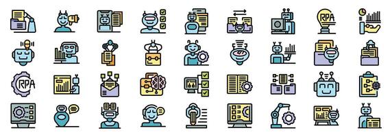 Robotic process automation icons showing bots managing files, data analysis and workflow optimization vector
