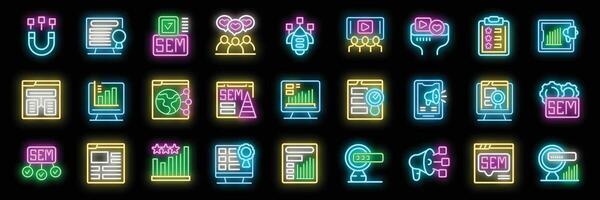 Neon sem icons collection featuring engaging content, targeted ads, and data driven optimization vector