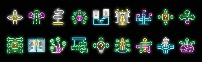 Neon icons representing various aspects of decision making, strategy, planning, problem solving, and career paths vector