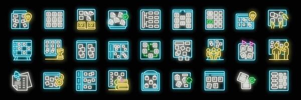 Agile methodology and scrum neon icon set featuring kanban board, sprint planning, and teamwork collaboration vector