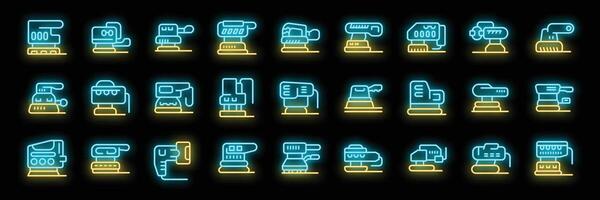 Orbital sander collection in neon style, bright icons for woodworking enthusiasts vector