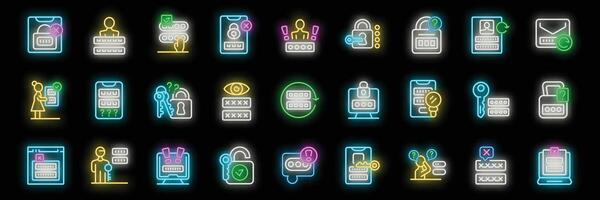 Neon icons representing password management, security, and data protection vector