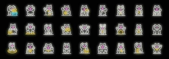 Neon maneki neko icons showing different poses and accessories symbolizing luck and fortune vector