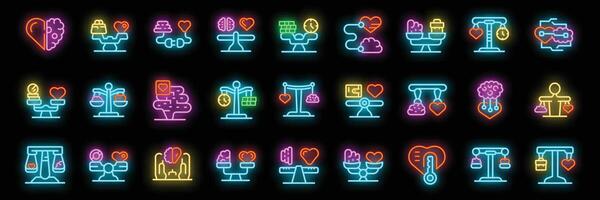 Work life balance neon icon set, balancing time, money, love and logic representing harmony and equilibrium vector