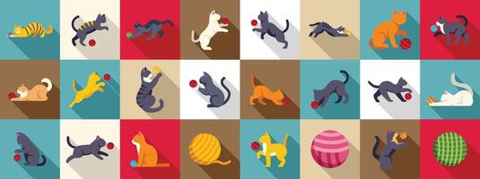 Cat playing yarn ball icons set. Cats playing with yarn balls, a colorful collection of feline fun vector