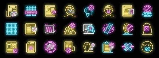 Censorship neon icons showing restricted speech, press, information and freedom of expression vector
