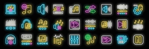 Neon music player icons collection featuring play, pause, shuffle, and volume controls vector
