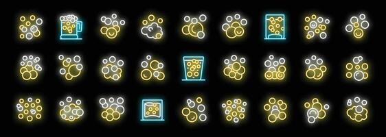 Neon sparkling beer and soda icons set with effervescent bubbles vector